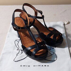 Chie Mihara T-Strap High-Heel Platform Sandals Black Leather Size 8.5
